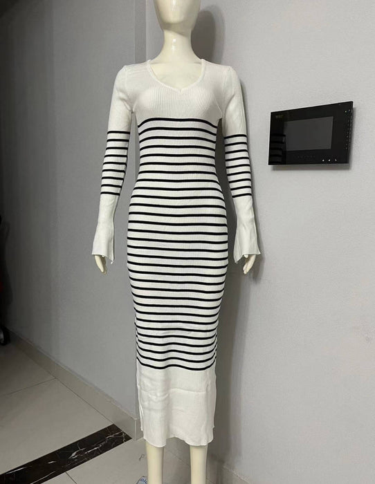 Knitted Dress V Neck Casual Dehaired Angora Covering Yarn Waist Tight Sunken Stripe Slimming Stripes Knitted Dress Women