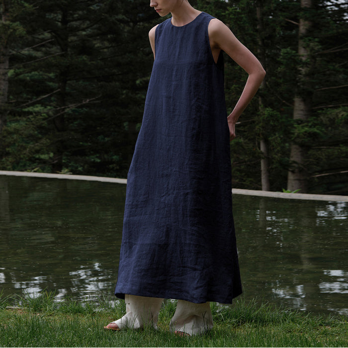 Cotton Linen Maxi Dress Summer French Pastoral Sleeveless Backless Hollow Out Cutout Niche Casual Loose Maxi Dress