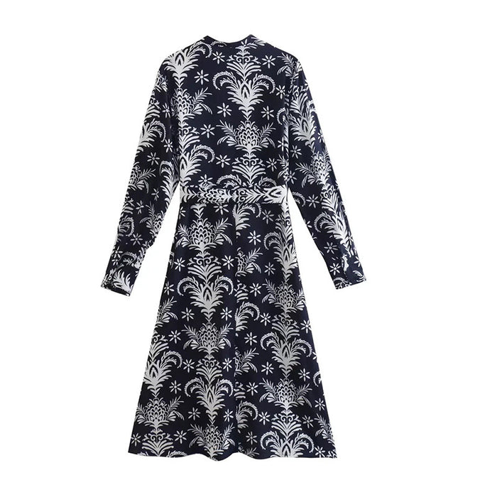 Floral Print Dress with Belt Polo Collar Long Sleeve Shirt Dress for Women