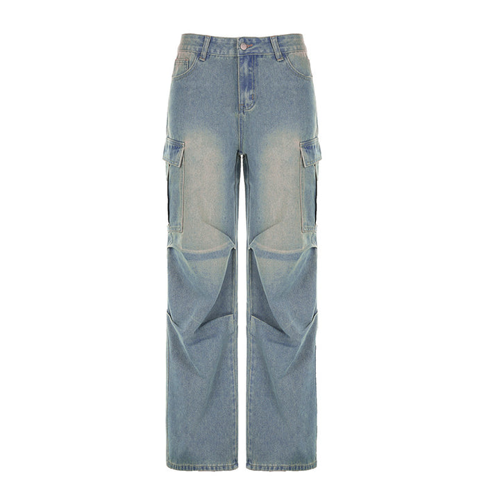 Street Pleated Low Waist Washed Worn Jeans Solid Color Flanging Pocket Straight All Matching Overalls Trousers