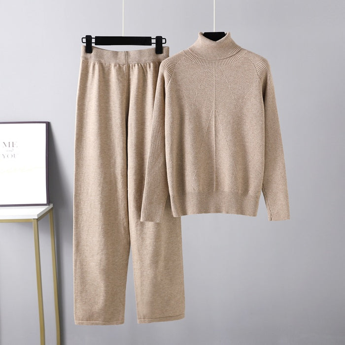 Solid Color Turtleneck Knitted Sweater Suit Autumn Winter Sweaters Drawstring Casual Pants Two Piece Set