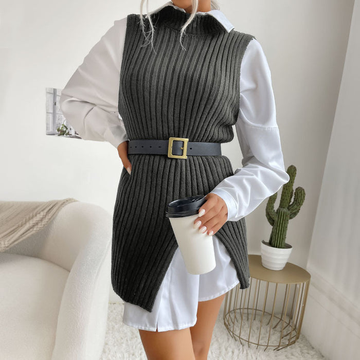 Dedicated for Early Autumn Middle East Women Split Solid Color Mid Length Vest Sweater