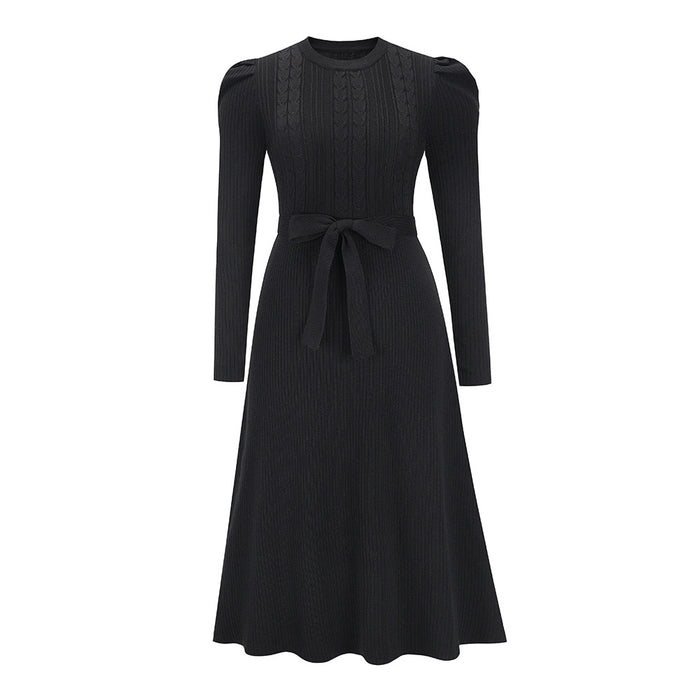 Autumn Winter Bubble Long Sleeve Knitted Dress Mid-Length Elegant Slimming High Waist Big Swing Dress Base Sweater Dress