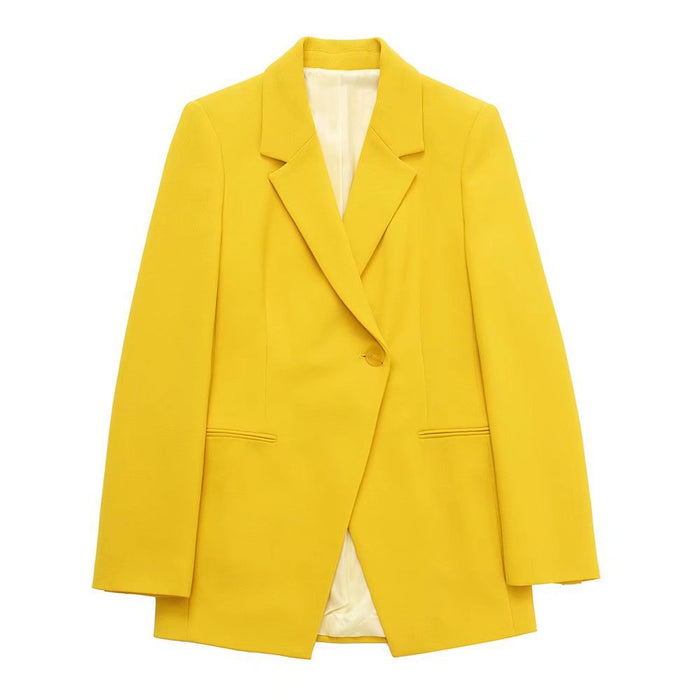 Spring Retro Collared Long Sleeve One Button Yellow Blazer Female