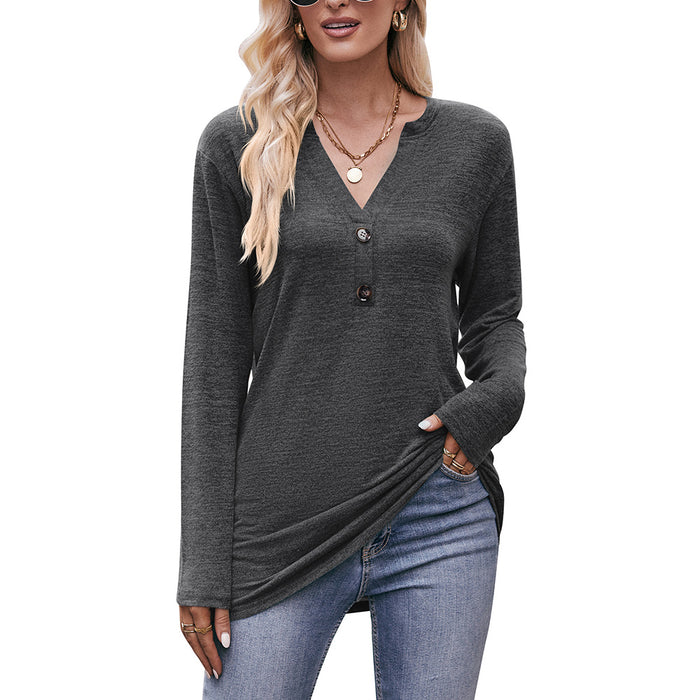 Autumn Women Clothing Casual V neck Button Brushed T shirt Long Sleeve Top