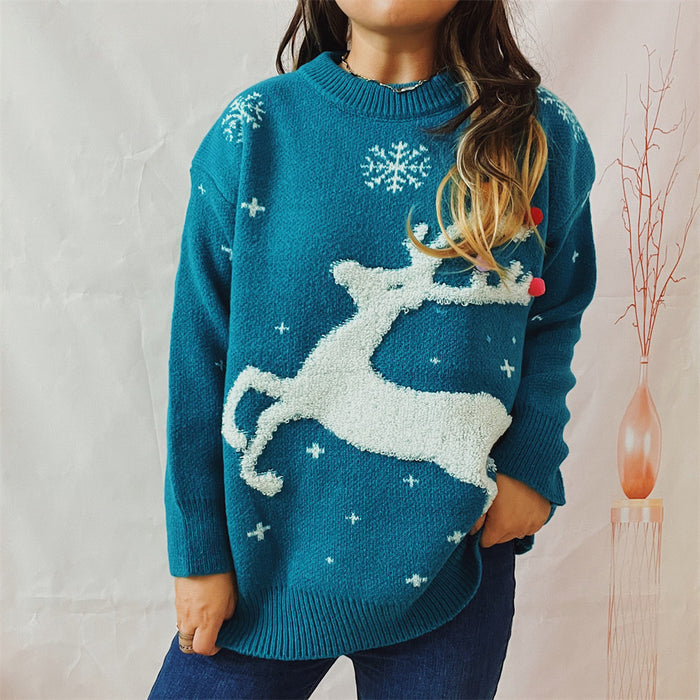 Autumn Winter Deer Snowflake Jacquard Colorful Ball Christmas Sweater Round Neck Knitted Pullover