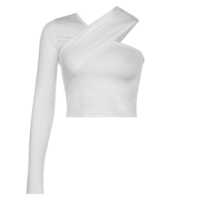 Personality Street Sexy Shoulder Solid Color Top Sexy off the Shoulder V neck Waist Controlled Long Sleeves Bottoming Shirt