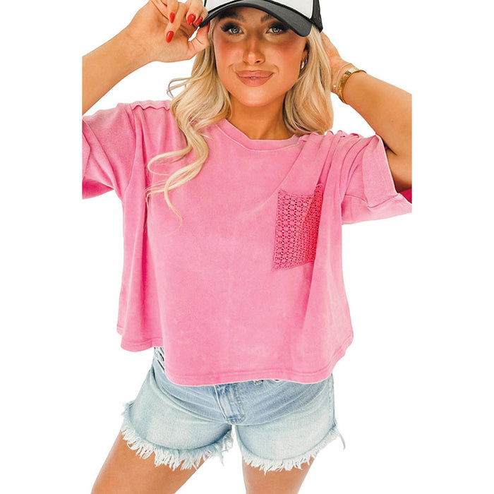 Casual Solid Color Lace Pocket T shirt Women Summer Pickling Pullover Short Sleeve Top