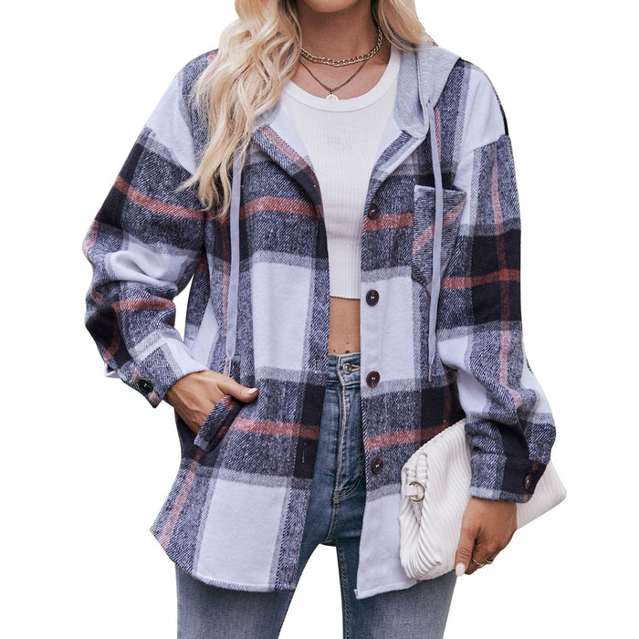 Women Autumn Winter Ladies Hooded Jacket Casual Mid Length Plaid Shirt