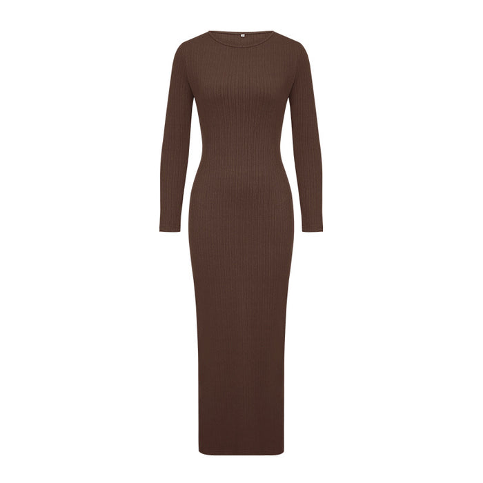 Dress Autumn Solid Color round Neck Long Sleeve Slim Dinner Maxi Dress Women