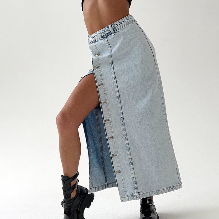 Retro Slit High Waist Denim Skirt Women Summer Asymmetric Design Straight Skirt Long Skirt