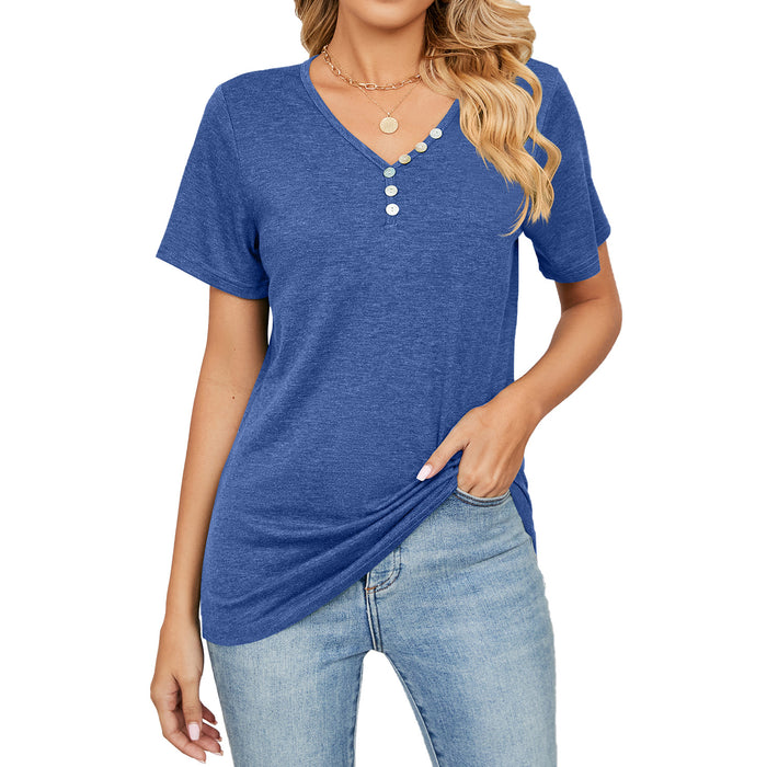 Summer Solid Color Short Sleeve Button Loose Fitting V Neck Top Women T Shirt