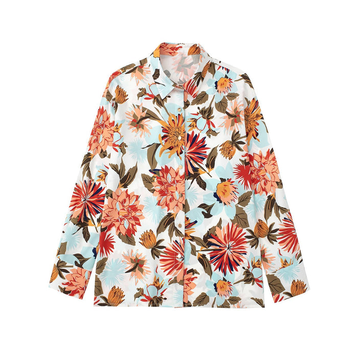 Summer Women Clothing Collared Floral Print Satin Long Sleeve Shirt Top