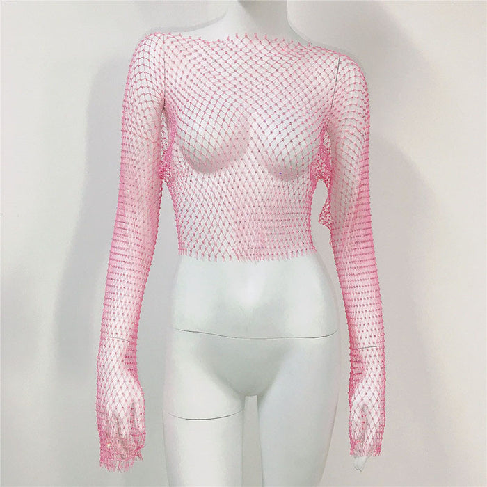 Fishnet T shirt Mesh Rhinestone Long Sleeved Top Sexy Rhinestone Fishnet Clothes Women