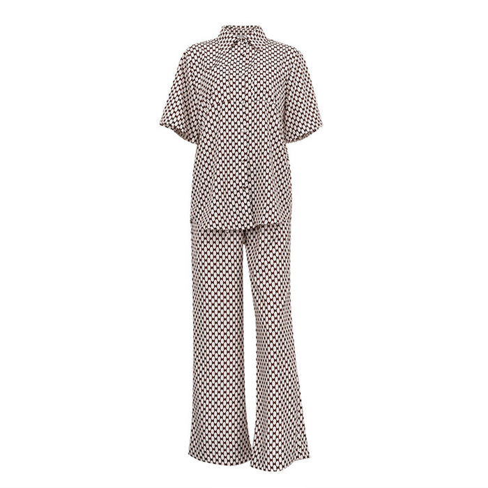 Women  Clothing Summer Printing Suit Short Sleeve Collared Shirt Lace up Trousers Two Piece Set