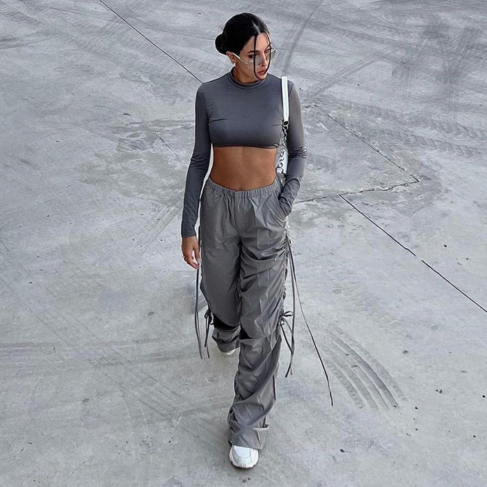 Casual Loose Fitting Wide Leg Trousers Women Street Drawstring Ripped Women Clothing Overalls