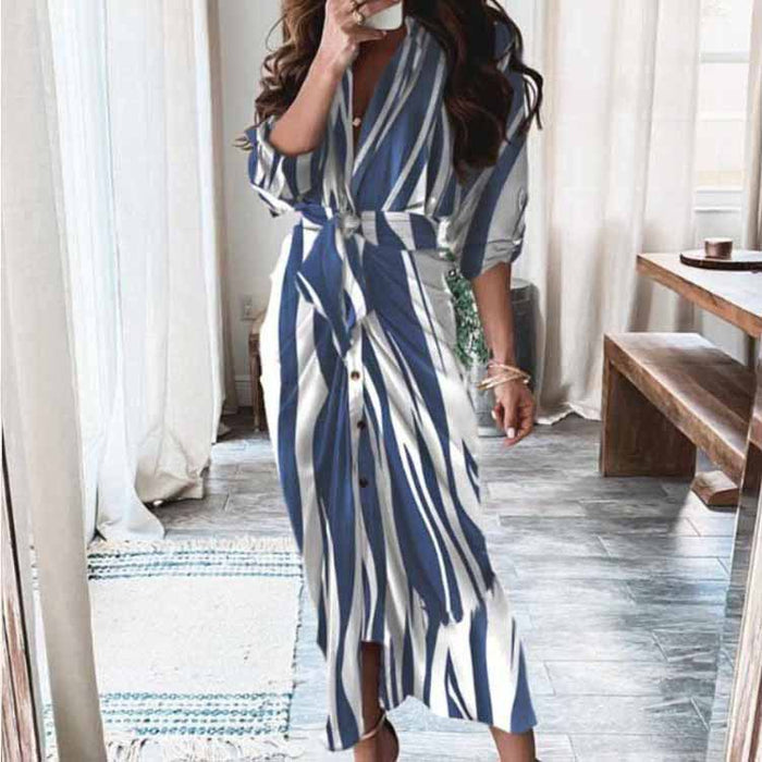 Summer Long Sleeve V neck Buttons Elegant Dress Maxi Dress Women Clothing