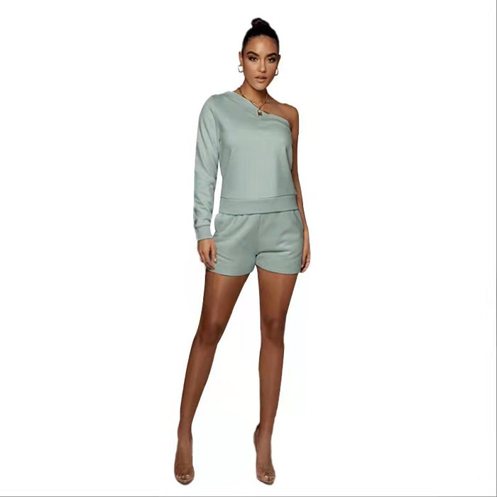 Urban Casual Solid Color Pullover off-the-Shoulder Shorts Women Fleece Lined Slim Fit Long Sleeve Sweater Set