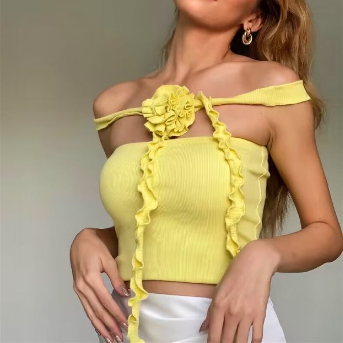 Spring Sexy French Three Dimensional Floral Ribbon Halter Stitching Tube 3D Rose Top Vest for Women