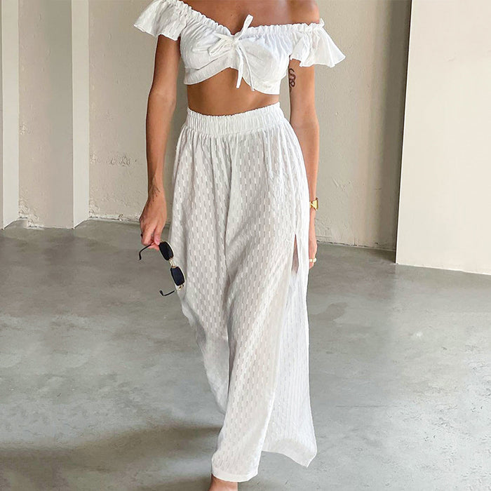 Summer Sexy Pants Set Women  Ruffled Stitching Flying Sleeves Jacquard Slit