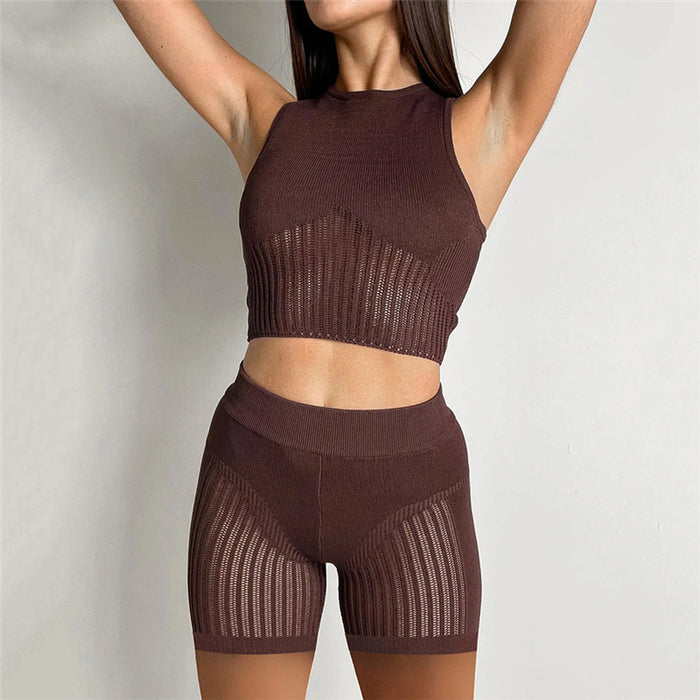 Summer Women Clothing Sexy See-through Knitted Sleeveless Vest High Waist Slimming Sheath Shorts Suit