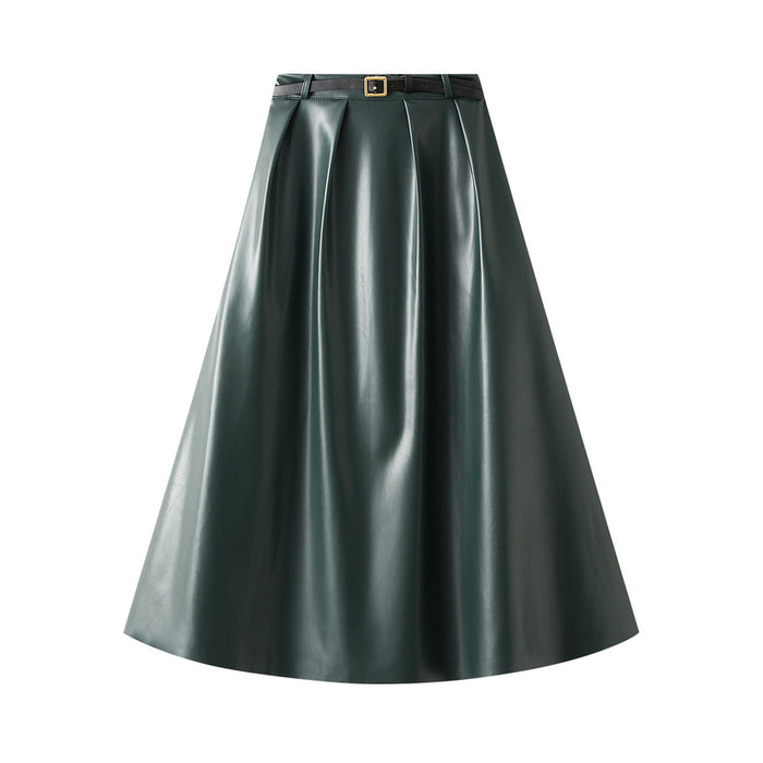 Retro Hong Kong Simple Graceful Faux Leather Skirt for Women High Waist Loose A line Big Hem Dress