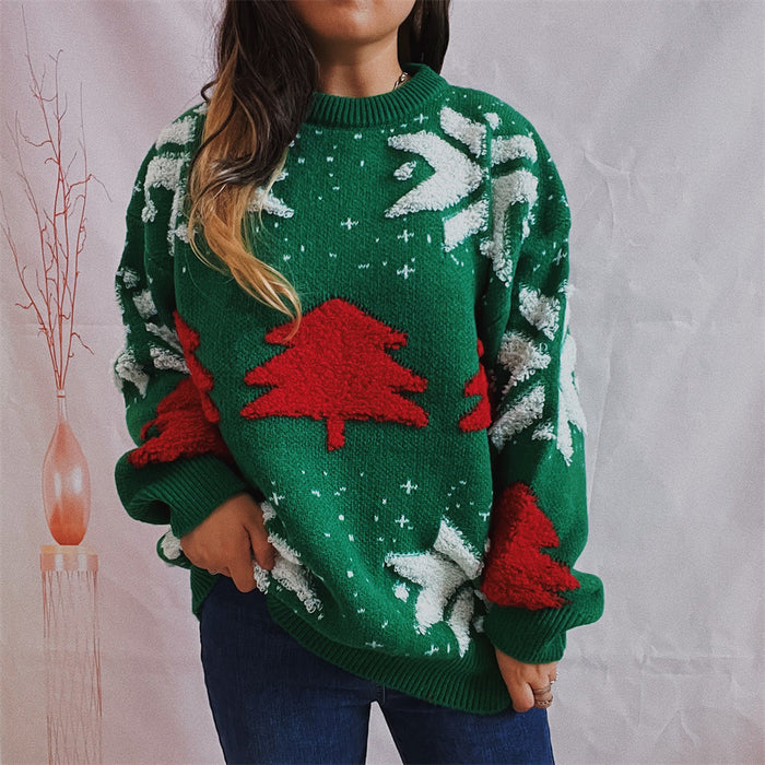 Autumn Winter Christmas Tree Jacquard Round Neck Long Sleeved Thickened Knitted Pullover Christmas Sweater for Women