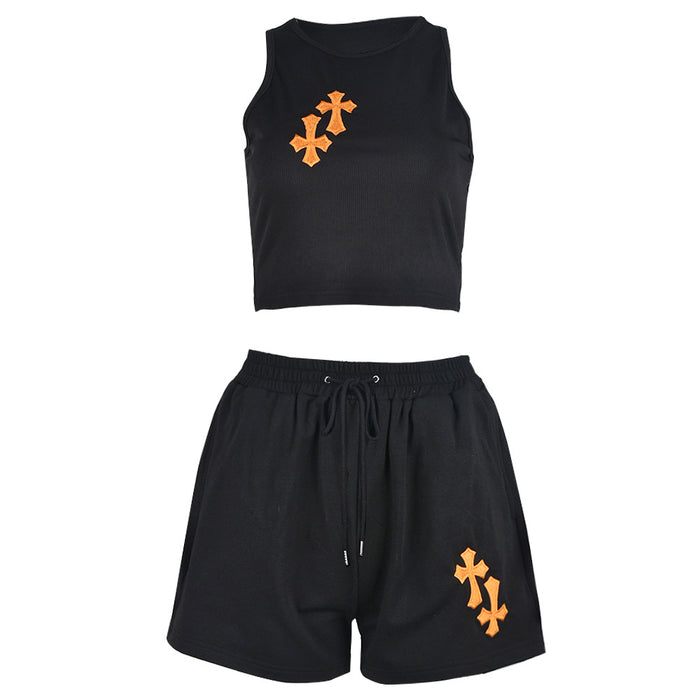 Street Embroidery Cruciate Floral Cropped Tank Top Shorts Women Set