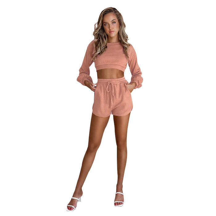 Autumn Winter Sexy Solid Color round Neck cropped Baring Long Sleeve Women Casual Shorts Suit