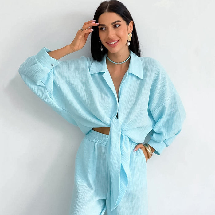 Autumn Double Layer Gauze Pajamas Set Loose Wide Leg Pants Sweet Ladie Homewear Can Be Worn outside