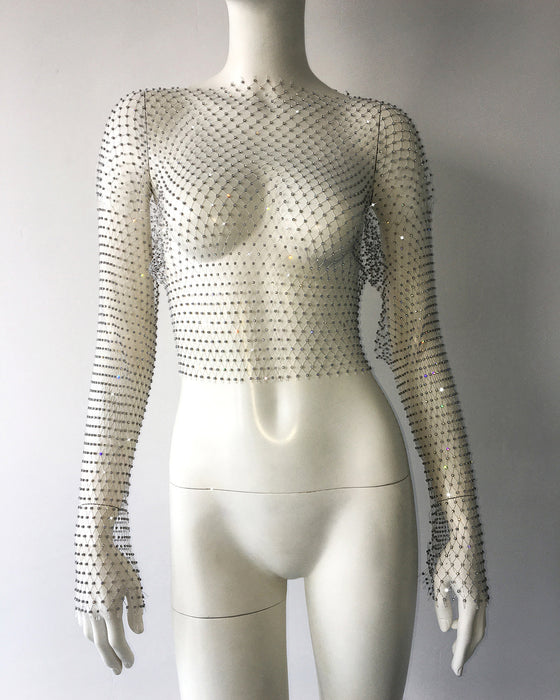 Fishnet T shirt Mesh Rhinestone Long Sleeved Top Sexy Rhinestone Fishnet Clothes Women