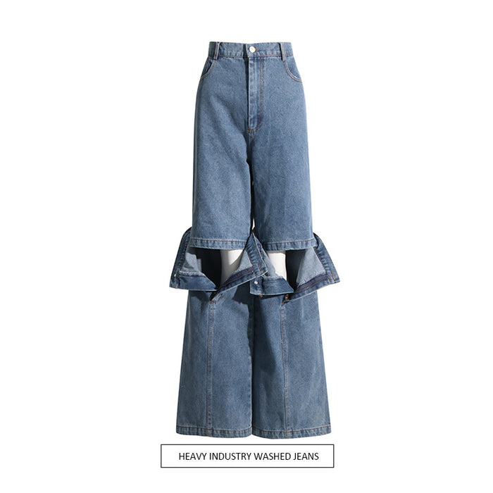 Autumn Korean Washed Cotton Jeans Deconstruction Stitching Straight Leg Pants Narrow Elastic Wide Leg Pants Trousers