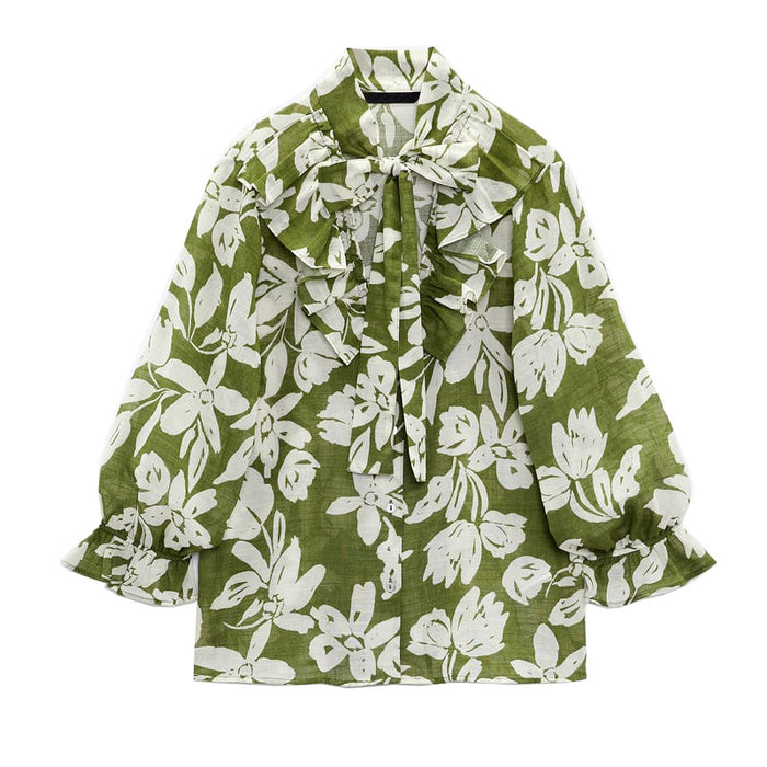 Summer Women  Bow Floral Print Loose Vacation Shirt Top