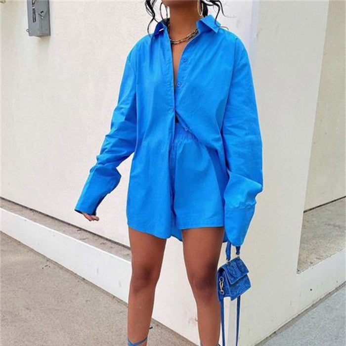 Spring Summer Two Piece Set Solid Color Single Breasted Long Sleeve Collared Shirt Shorts Loose Casual Set