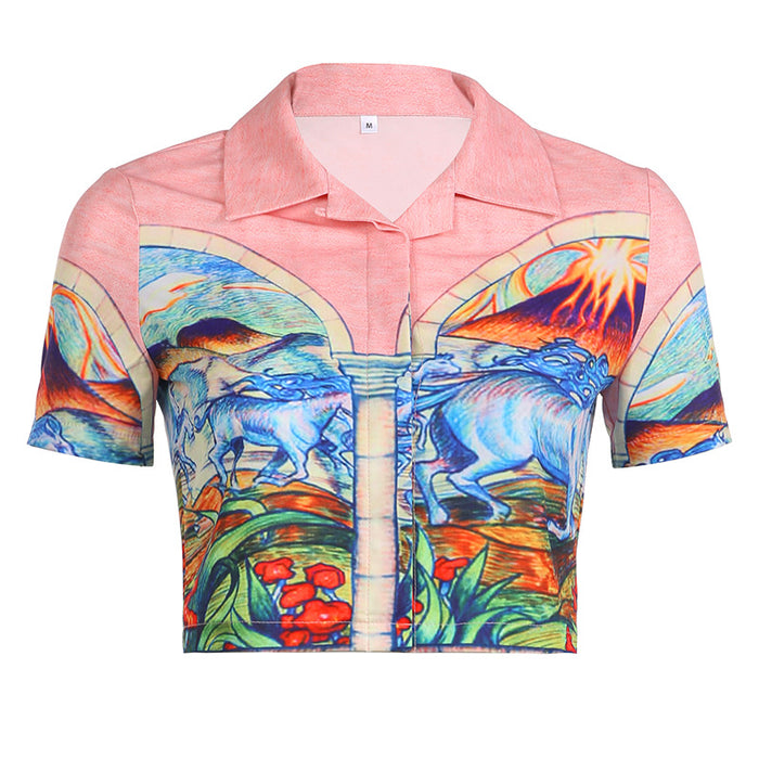 Seaside Vacation Loose Top Landscape Printing Short Cropped Polo Collar Shirt T shirt