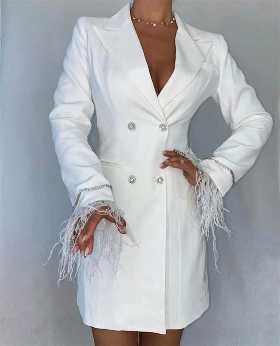 Summer Sexy Deep V Plunge Plunge Button Long Sleeve Diamond Feather Office Backless High Waist Suit