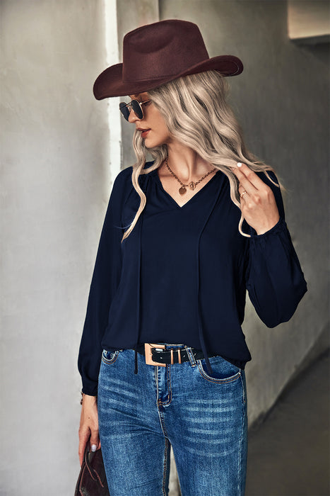 Autumn Winter Solid Color V neck Long Sleeve Top