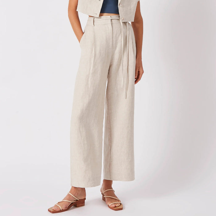 Pure Linen Lace up Cropped Pants Spring Summer Slimming   Wide Leg Pants Office High Waist Work Pant Women