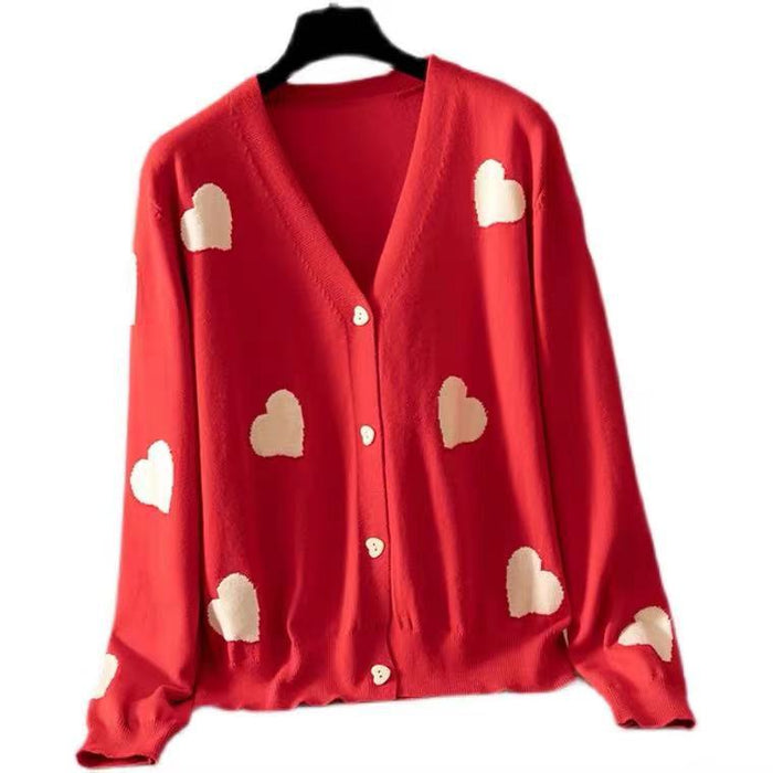 Classic Love V neck Pearl Heart Shaped Single Breasted Knitted Sweater Cardigan Women Cute Top