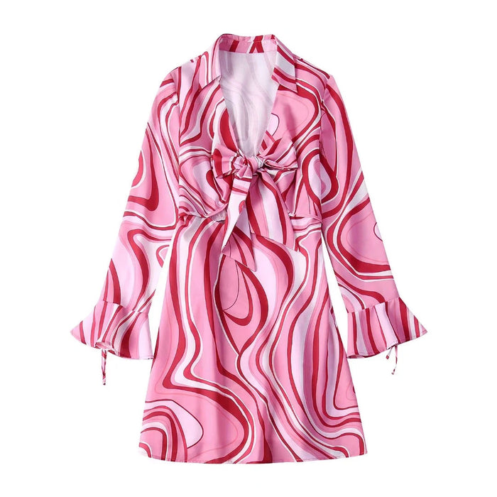 Women Sweet Linen Printed Mini Dress Summer Tie-Neck Flared Sleeves Bowknot Decoration Girly