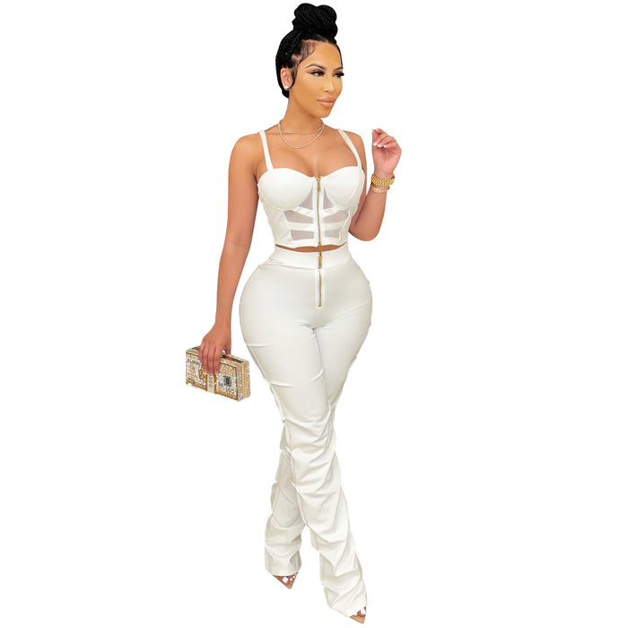 Solid Color Sexy Women Clothing Spaghetti Straps Chest Wrap Zipper Vest Pants Two Piece Set