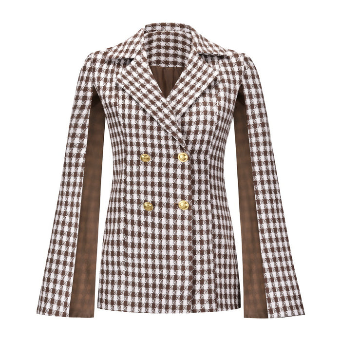 Blazer Houndstooth Design Double Breasted Shawl Small Coat Autumn Winter Hepburn Graceful Coat Tweed