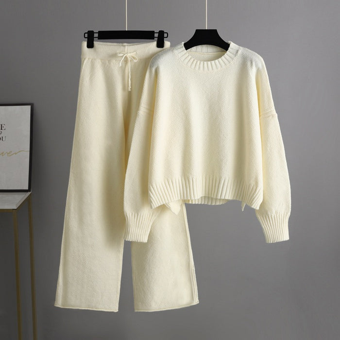 Autumn Winter Casual Knitting Work Pant Women Korean Loose Sweater Wide Leg Pants Pants Two Piece Set