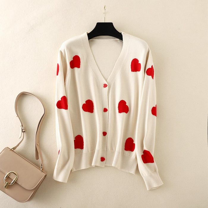 Classic Love V neck Pearl Heart Shaped Single Breasted Knitted Sweater Cardigan Women Cute Top