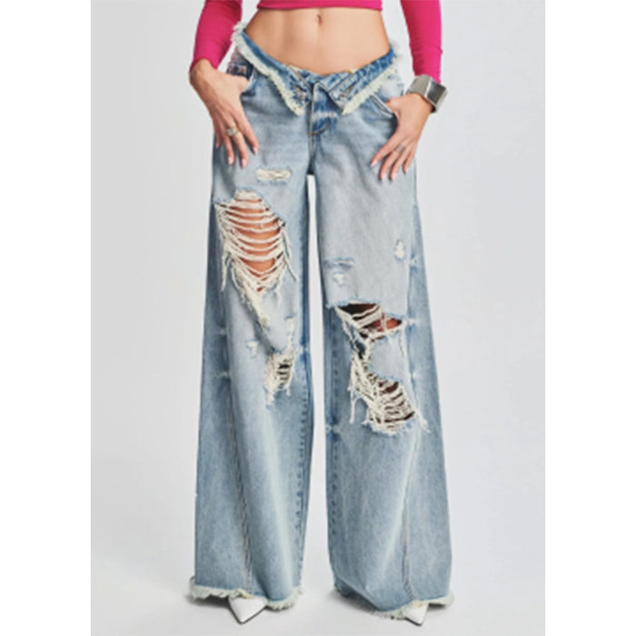 Ladies Jeans Ripped Irregular Asymmetric Side Turn Waist Wide Leg Trousers Women