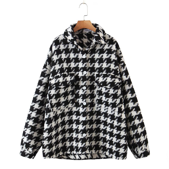 Autumn Winter Women Clothing Houndstooth Woolen Shirt Loose Casual Jacket