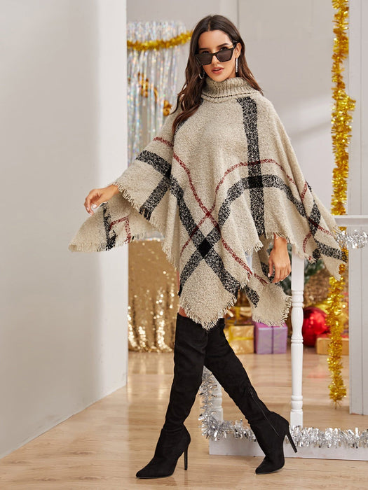 Autumn Winter Irregular Asymmetric Turtleneck Plaid Cape Sweater for Women