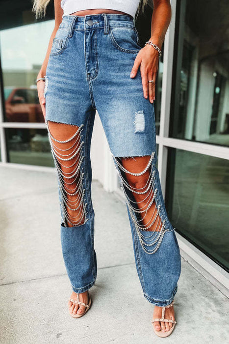 Early Spring Big Ripped Jeans Women Chain Ornaments Straight Leg Pants