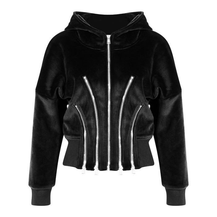 Gold Velvet Hooded for Women Autumn Thickened Composite Multi Metal Zipper Split Waist Trimming Women