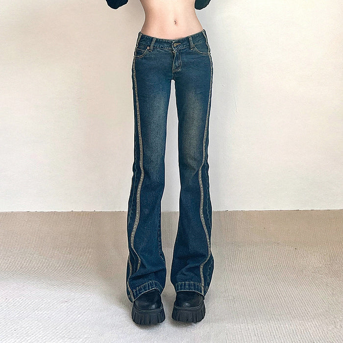 Street Sexy Low Waist Denim Overalls Personalized Ribbon Stitching Worn Looking Washed out Hip Raise Slimming Bootcut Trousers